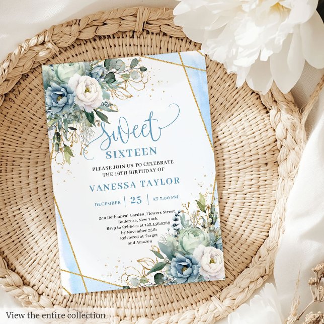 Invitación Elegante Dusty Blue Gold Floral Sweet 16 (Elegant Dusty Blue White Gold Floral Sweet 16 Invitation)