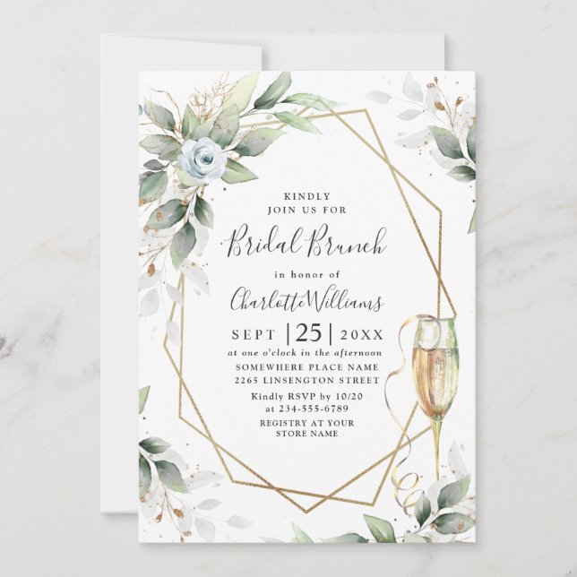 Invitación Elegante Dusty Blue Greenery Bridal Brunch Invitat (Anverso)