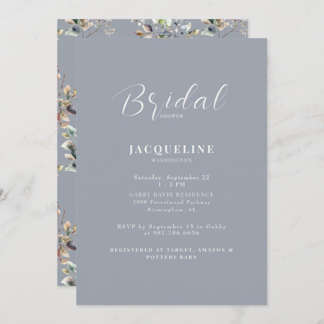 Invitación Elegante Dusty Blue Greenery Bridal Shower (Anverso / Reverso)