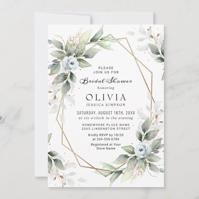 Invitación Elegante Dusty Blue Greenery Bridal Shower (Anverso)