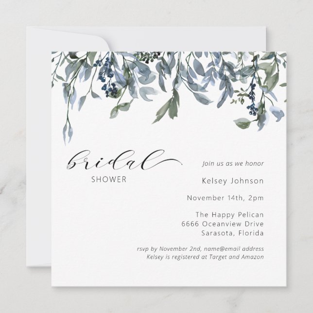 Invitación Elegante Dusty Blue Greenery Bridal Shower (Anverso)