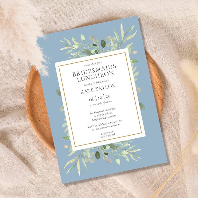 Invitación Elegante Dusty Blue Greenery Bridesmaids Luncheon (Subido por el creador)