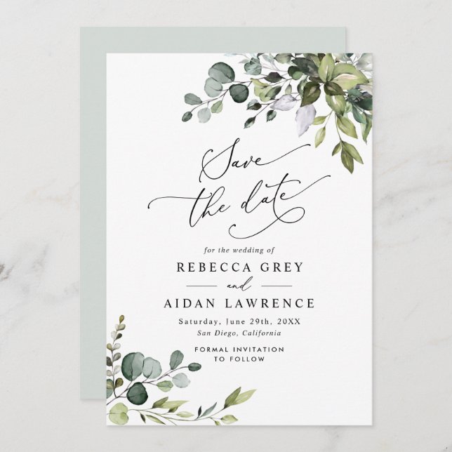 Invitación Elegante Dusty Blue Greenery Wedding Save the Date (Anverso / Reverso)