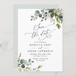 Invitación Elegante Dusty Blue Greenery Wedding Save the Date