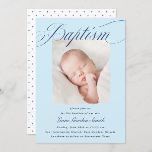 Invitación Elegante Dusty Blue Pastel Script Baptism Foto Inv