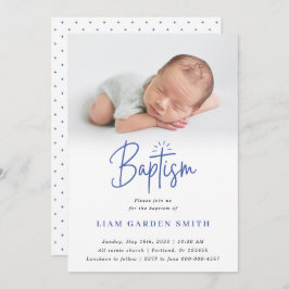 Invitación Elegante Dusty Blue Pastel Script Baptism Photo In