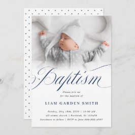 Invitación Elegante Dusty Blue Pastel Script Baptism Photo In