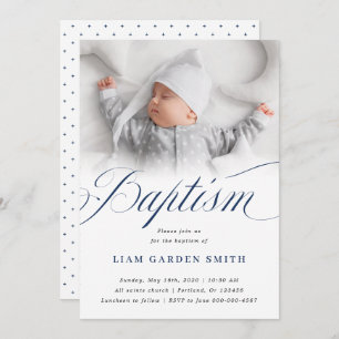 Invitación Elegante Dusty Blue Pastel Script Baptism Photo In