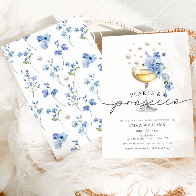 Invitación Elegante Dusty Blue Pearls & Prosecco Bridal Showe (Subido por el creador)