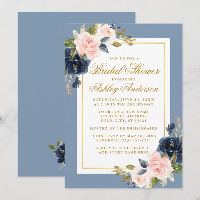 Invitación Elegante Dusty Blue Pink Floral Bridal Shower Gold (Anverso / Reverso)