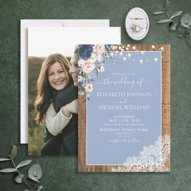 Invitación Elegante Dusty Blue Rubor Rustic Wood Lace Photo (Subido por el creador)