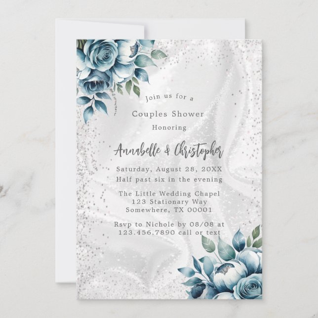 Invitación Elegante Dusty Blue Silver Bouquet Couples Ducha (Anverso)