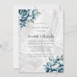Invitación Elegante Dusty Blue Silver Bouquet Couples Ducha
