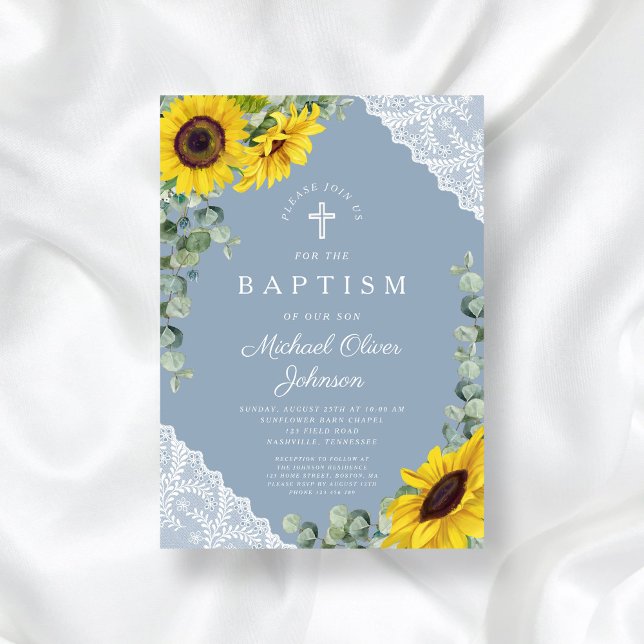 Invitación Elegante Dusty Blue Sunflowers Cross Baptism (Elegant Dusty Blue Sunflowers Cross Baptism Invitation)