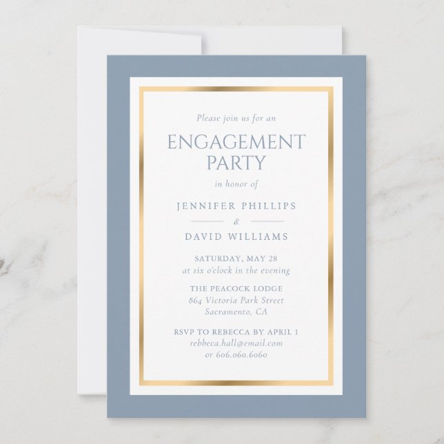 Invitación Elegante Dusty Blue y Gold Engagement Party (Anverso)