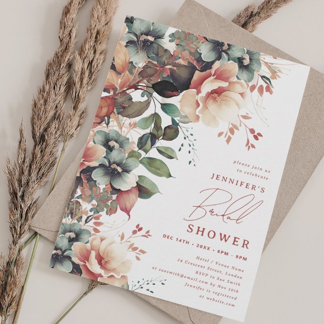 Invitación Elegante Dusty Fall Otoño Floral Bridal Shower (Elegant Dusty Fall Autumn Floral Bridal Shower Invitation)