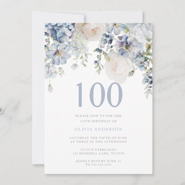 Invitación Elegante Dusty Floral Azul y Blanca 100 cumpleaños (Anverso)