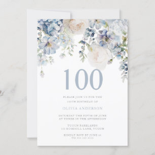 Invitación Elegante Dusty Floral Azul y Blanca 100 cumpleaños
