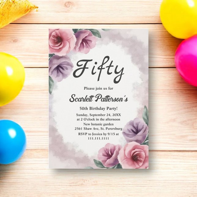 Invitación Elegante Dusty Morado Acuarela Floral Cumpleaños (Subido por el creador)