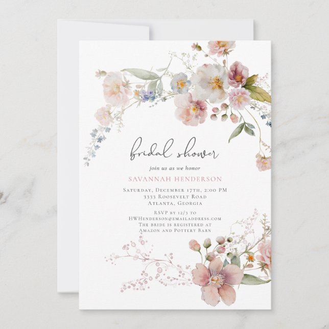 Invitación Elegante Dusty Pink Garden Floral Bridal Shower (Anverso)