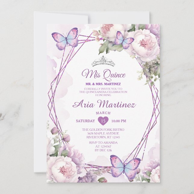 Invitación Elegante Dusty Purple Floral Mariposa Mis Quince (Anverso)