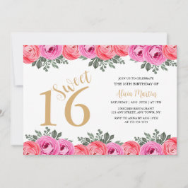 Invitación Elegante Dusty Rosa Flora Dorada Dulce 16