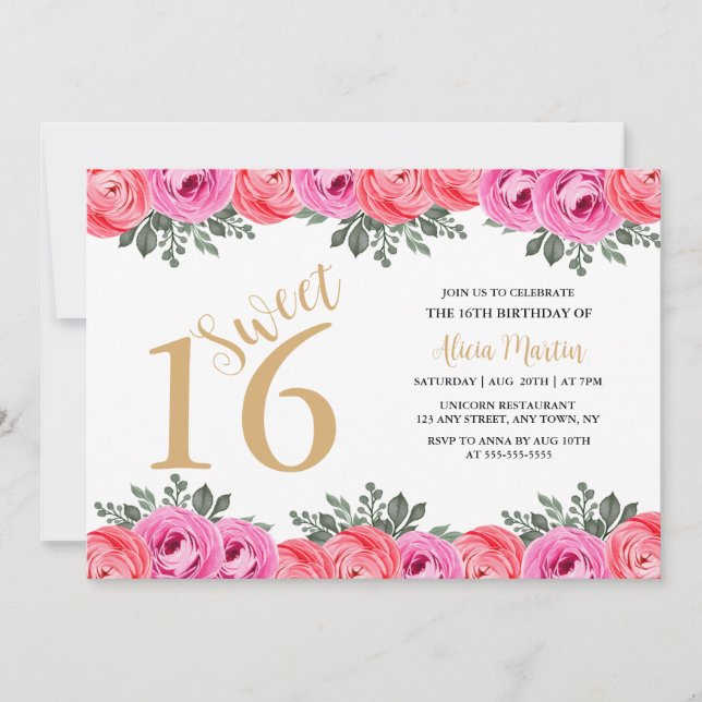 Invitación Elegante Dusty Rosa Flora Dorada Dulce 16 (Anverso)