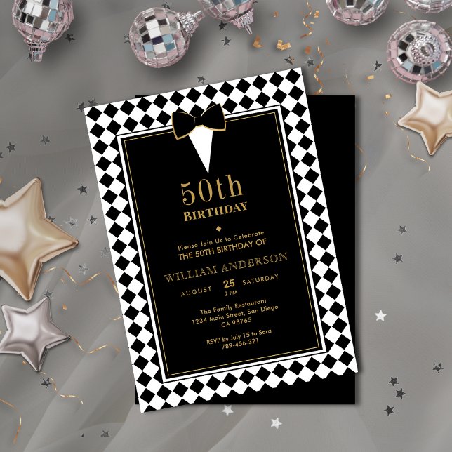 Invitación Elegante edad de hitos negro y oro Tuxedo cumpleañ (Elegant Black & Gold Milestone Age Tuxedo Birthday Invitation)