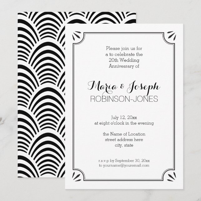 Invitación Elegante edad de jazz Boda blanco y negro Annivers (Anverso / Reverso)