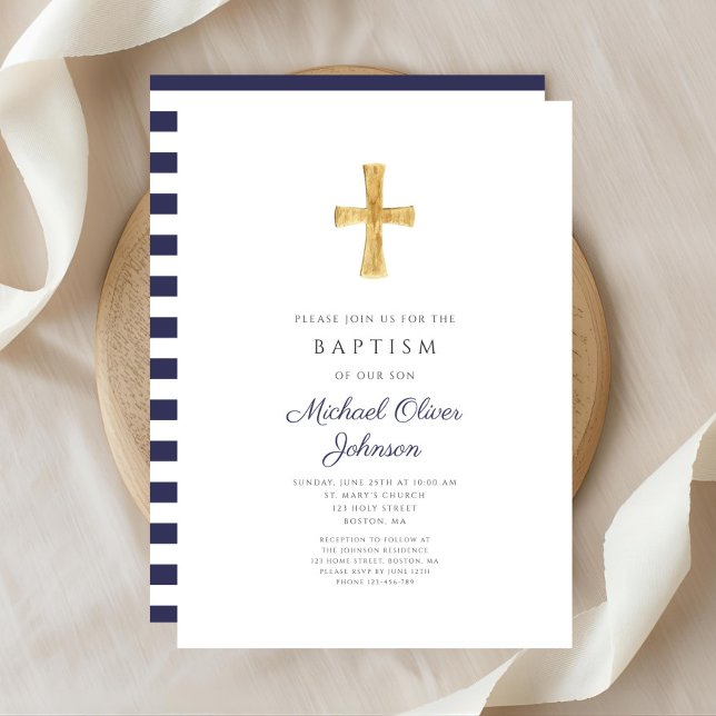 Invitación Elegante ejército cruz azul baptismo religioso (Elegant Navy Blue Cross Religious Boy Baptism Invitation)