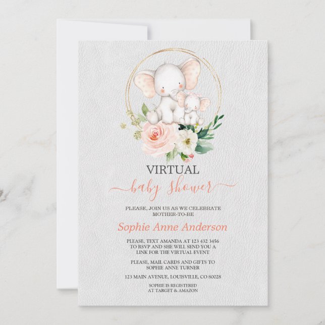 Invitación Elegante Elefante Baby Shower Virtual Por Correo (Anverso)