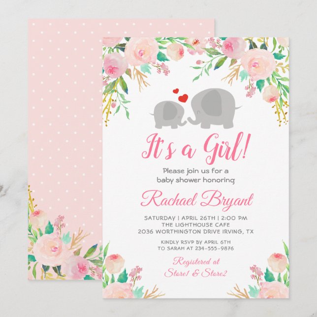 Invitación Elegante elefante Chica floral rosa Baby Shower (Anverso / Reverso)