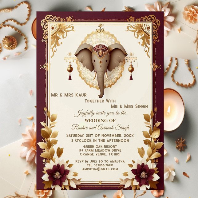 Invitación Elegante elefante despiadado ganesha floral indio (Elegant Elephant Auspicious Ganesha Floral Indian Invitation)