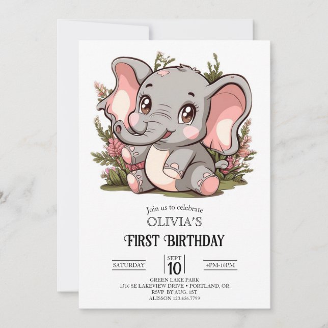Invitación Elegante Elefante Encantado Primer Día Digital (Anverso)