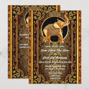 Invitación Elegante elefante indio hindú de oro negro rojo