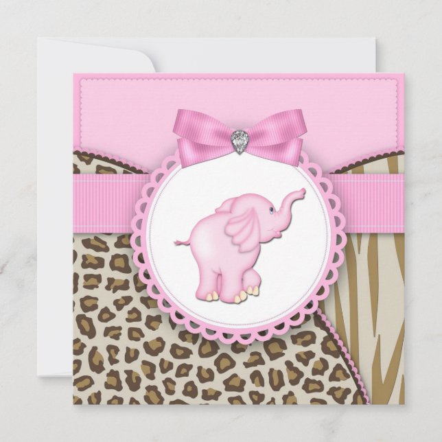 Invitación Elegante Elefante Rosa Niña Ducha (Anverso)