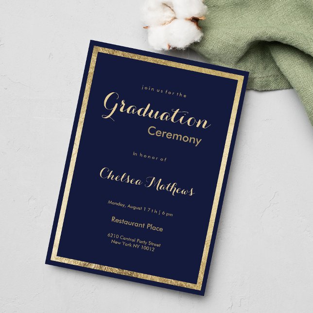 Invitación Elegante elegante azul marino imitación de oro Gra (Elegant stylish navy blue faux gold Graduation Invitation )