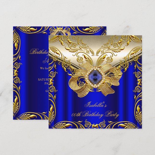 Invitación Elegante Elite Cumpleaños Fiesta Azul Real Dorado  (Anverso / Reverso)