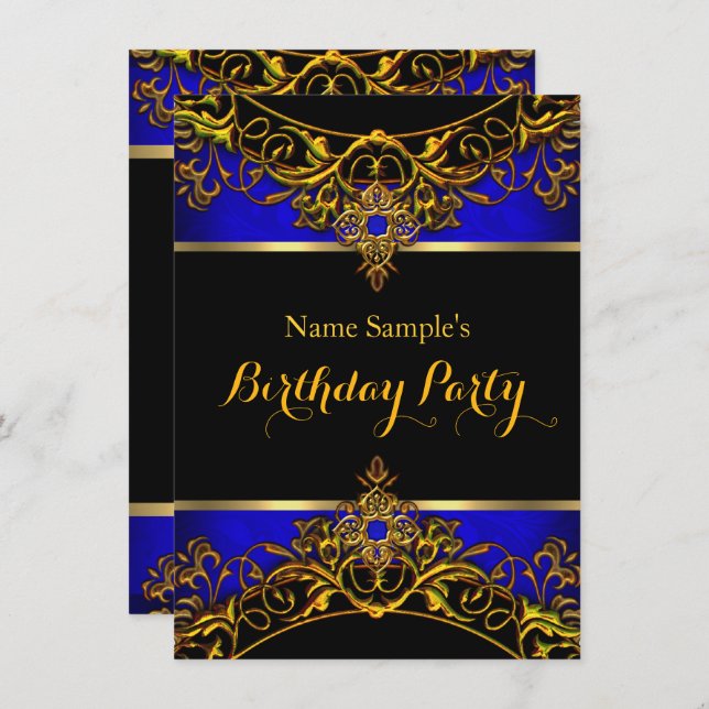 Invitación Elegante Elite Royal Blue Gold Black Birday (Anverso / Reverso)