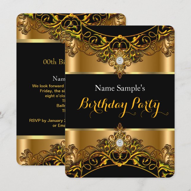 Invitación Elegante Elite Royal Gold Black Diamond Birday (Anverso / Reverso)