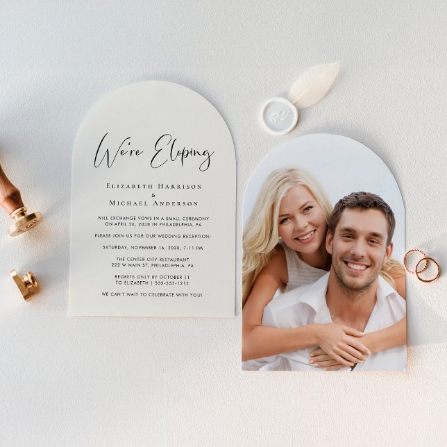 Invitación Elegante Elopement Photo Arch Wedding Recepción (Celebrate your love story with a chic arch-shaped elopement announcement and reception invitation)