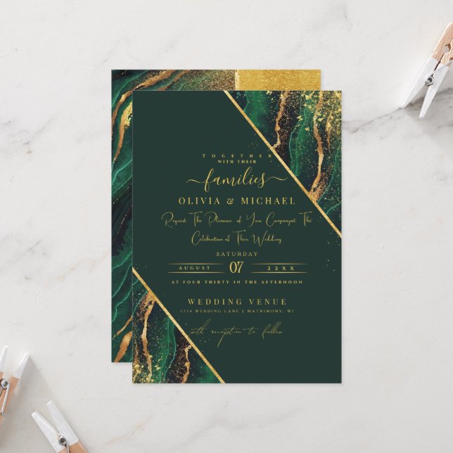 INVITACIÓN ELEGANTE EMERALD RELIEVE METALIZADO VERDE ABSTRACT (Anverso/Reverso In Situ)