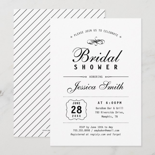 Invitación elegante en blanco y negro para ducha d (Anverso / Reverso)