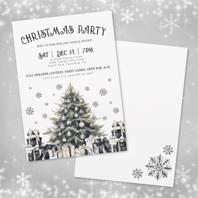 Invitación elegante en blanco y negro para fiesta  (Black & White Elegant Christmas Party Invitation)