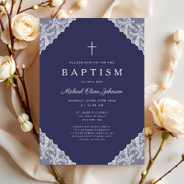 Invitación Elegante encaje azul marino bautizo de niño