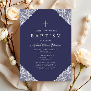 Invitación Elegante encaje azul marino bautizo de niño