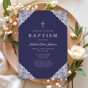 Invitación Elegante encaje azul marino bautizo de niño