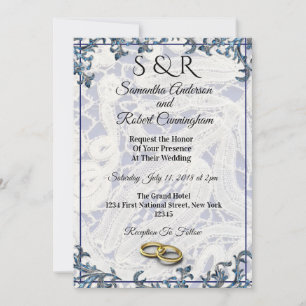 Invitación Elegante encaje azul y blanco con anillos -
