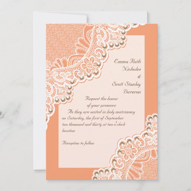 Invitación Elegante encaje blanco con boda de coral de perlas (Anverso)