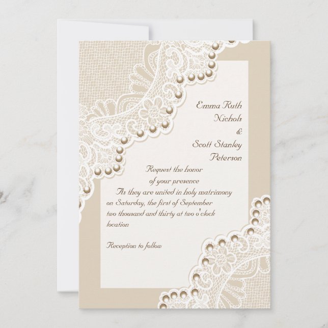 Invitación Elegante encaje blanco con boda de perlas (Anverso)
